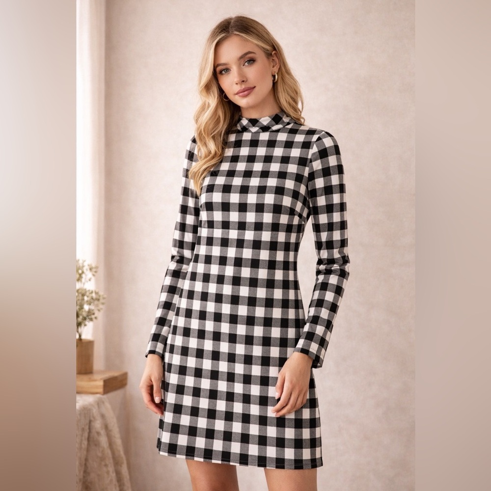 Talbots Black White Gingham Mock Neck Knit Dress A-Line Long Sleeve Size M NWOT